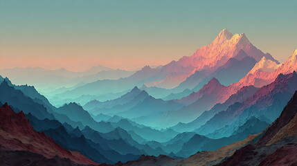 Pastel-colored layered mountain, texture like oil painting, soft gradient sky.