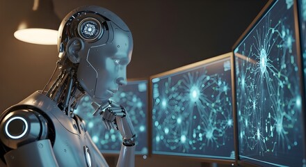Realistic humanoid robot studying complex data visualization on multiple digital screens, symbolizing artificial intelligence and machine learning in a futuristic workspace.