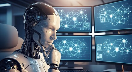 A humanoid robot interacting with several futuristic computer monitors displaying digital interfaces, representing artificial intelligence, data processing, and advanced technology.