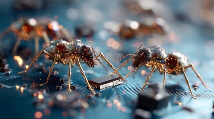 Swarm of nano robots repairing circuit board futuristic technology microscopic detail