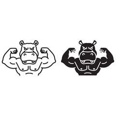 Muscular Hippopotamus Flexing Biceps in Outline and Solid Styles