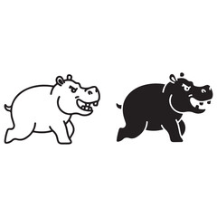 Angry Cartoon Hippos Running in Black and White Outline and Silhouette Styles