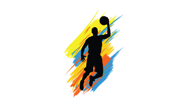 Basketball Player Slam Dunk Silhouette: Dynamic Action with Vibrant Orange, Yellow, and Blue Speed Streaks, High-Energy Sports Vector Illustration 