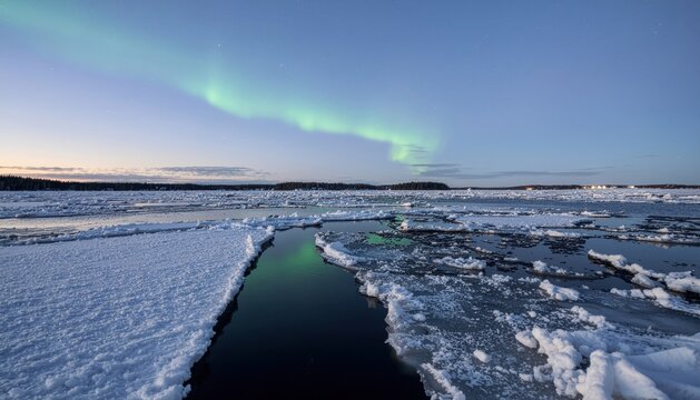 Aurora Borealis over Frozen Lake - Ice, Sky, and Northern Lights Display in a Cold Landscape.