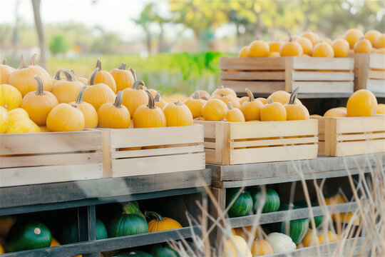 Rustic crates filled with ripe melons sit on grass with a farm landscape in background. Ideal for themes of local food, organic farming or sustainable agriculture.