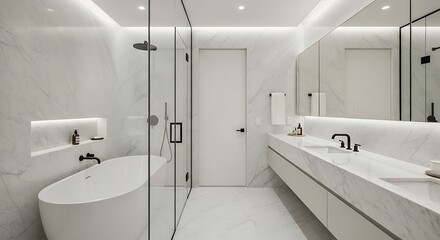 Modern white bathroom with freestanding tub and double vanity