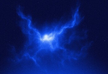 Vivid blue cosmic nebula with luminous core and wispy gas filaments across a starry night space scene, suitable for science, astronomy, technology, and futuristic design