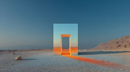 Transparent cube architecture in the middle of an orange desert, sunlight passing through glass, minimalist symmetrical shadows.