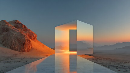 Transparent cube architecture in the middle of an orange desert, sunlight passing through glass, minimalist symmetrical shadows.
