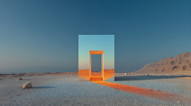 Transparent cube architecture in the middle of an orange desert, sunlight passing through glass, minimalist symmetrical shadows.
