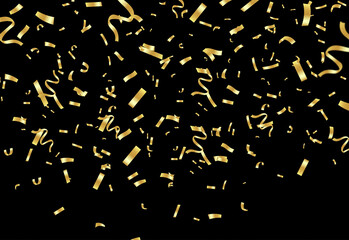 Elegant gold confetti drifts over a sleek black backdrop, creating a festive celebration mood with dramatic high-contrast visuals ideal for event branding and party imagery