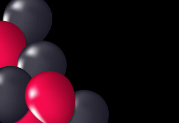 Close up view of red and gray balloons clustered against a deep black background, capturing glossy reflective surfaces and a festive mood for celebration and party decor