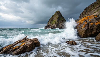 Rocky coastline with crashing waves under cloudy sky