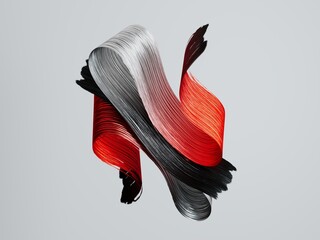 Abstract paintbrush ribbon shape in red, black, and gray tones, flowing dynamically, isolated on bright background. 3D render illustration.