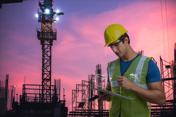 Construction engineer wearing safety gear inspects project data on a digital tablet with a crane and steel structure at sunset.
