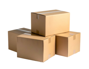 Stacked cardboard boxes, taped and ready for transport