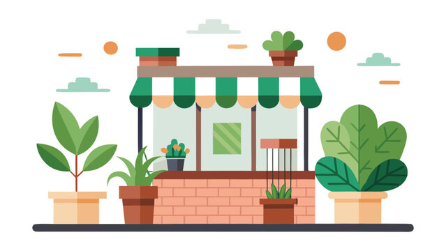 Small urban patio with flower pots and climbing plants vector icon on white background.