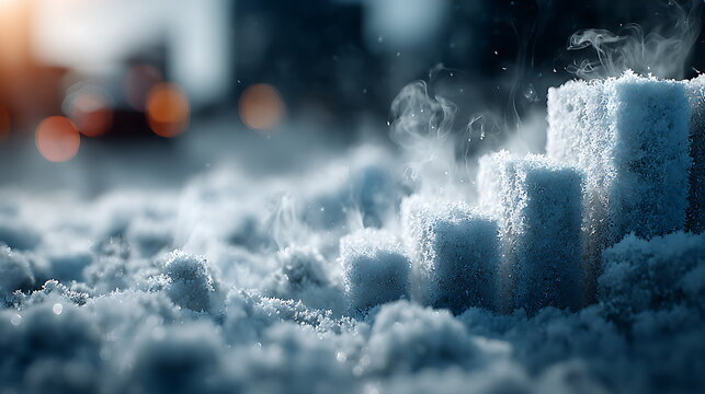 Winter-themed data infographic design with ice-block shaped bar charts and frosty blue-white misty background.