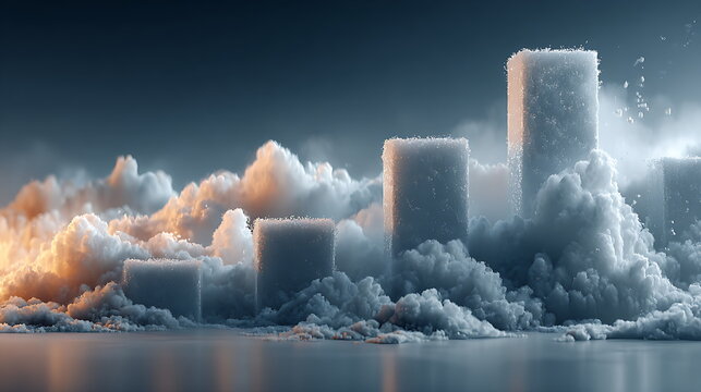 Winter-themed data infographic design with ice-block shaped bar charts and frosty blue-white misty background.