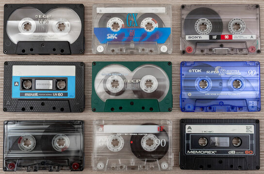 Kyiv, Ukraine, November 3, 2025: Various vintage audio cassettes isolated on background