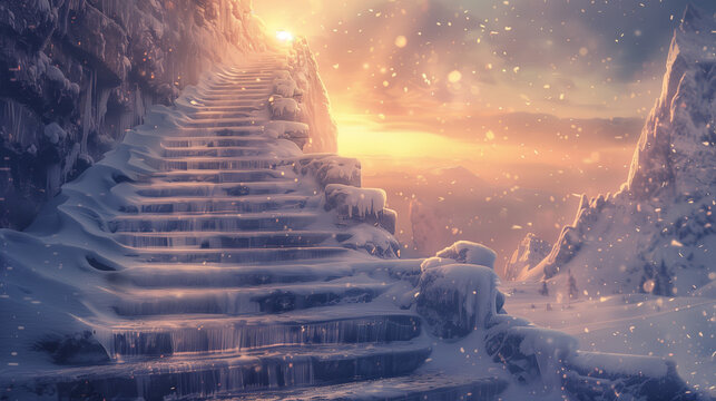 Staircase leading up through snowy mountains under a sunset sky  