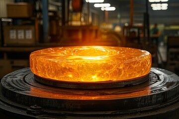 Obraz premium Glowing hot steel ring forging in industrial factory