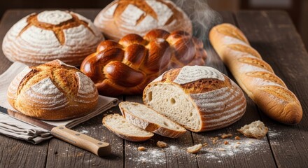 Fresh Bread Loaves on Rustic Wooden Table 