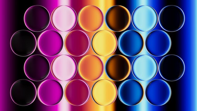 Abstract clusters of circular glass bubbles in rainbow bands, luminous highlights, vivid contrast. 3d render illustration. - Powered by Adobe