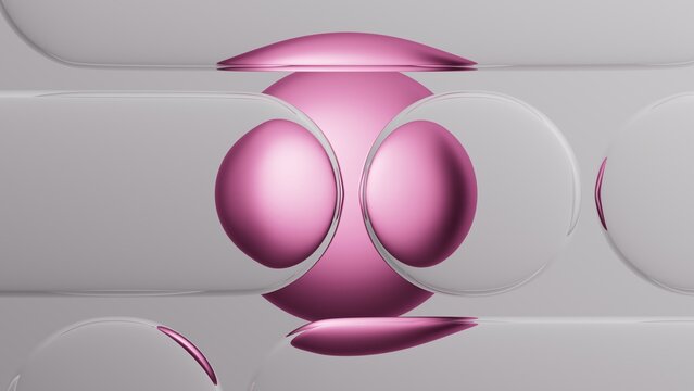 Symmetrical pink bubbles and ovals with a glassy surface on a smooth white background. 3D render illustration.