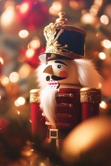 Classic wooden nutcracker soldier in warm Christmas lights
