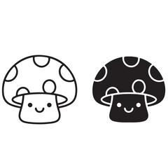 Cute Kawaii Mushroom Characters, Line Art and Silhouette