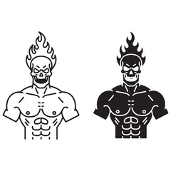 Muscular Skeleton with Flames on Head - Black and White