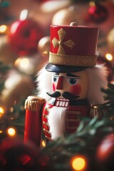 Classic wooden nutcracker soldier with Christmas lights
