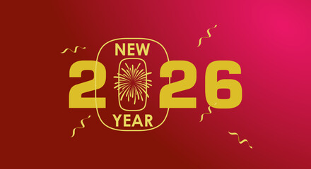 "New Year 2026" graphic with fireworks replacing the zero in the date, on a gradient red background with confetti.