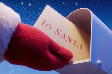 Santa mailing a Christmas letter under a snowy winter sky
