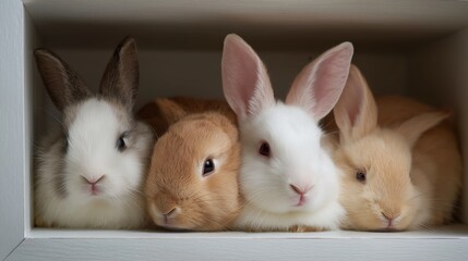 Obraz premium Rabbits sit closely together in a cozy wooden box during early morning light