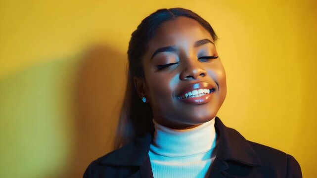 Portrait of a young, smiling woman with closed eyes and a sense of serenity. Her skin glows against the backdrop of vibrant yellow, evoking a feeling of peace and contentment