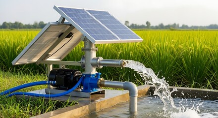 Solar powered water pump irrigating green field