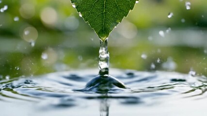 Macro slow motion view of a single pure water droplet falling from a fresh green leaf tip, creating a splash and concentric ripples on the calm surface with a beautiful natural bokeh background - Powered by Adobe