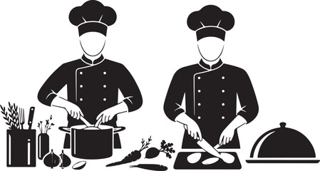 Two chefs working together in a professional kitchen illustration