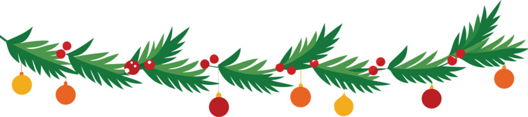 Adobe Illustrator Artwork  Christmas garlands and fir branches. Christmas decoration with pine cones, holly berries, glowing lights, ribbons. For holiday banners, cards, party posters. Transparent bac © Azadur