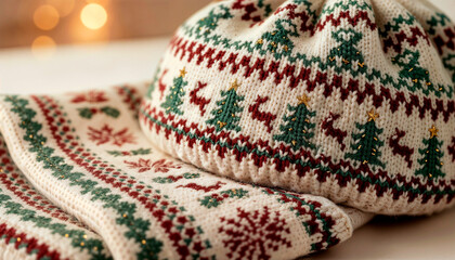 White knitted hat and scarf set with Christmas pattern, cozy festive winter style