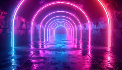 Illuminated tunnel with glowing arches, neon lights reflected on wet tiles, creating depth and futuristic ambience