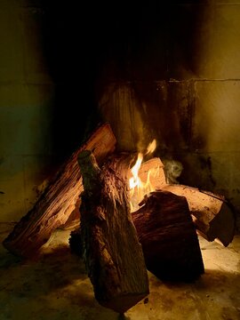 Close-up of a cosy fire burning in a fireplace