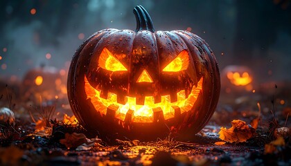 Glowing jack-o'-lantern with carved face, amidst leaves and blurred pumpkins, evokes Halloween mystery