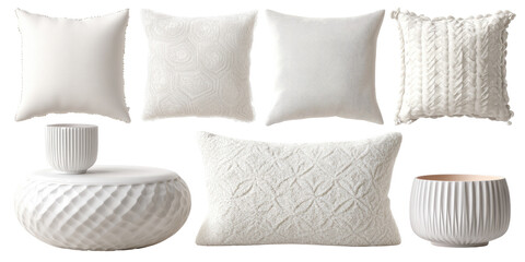 Set of decorative white pillows and ceramic accents