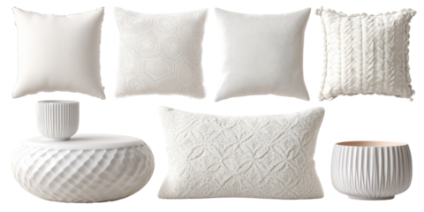 Set of decorative white pillows and ceramic accents