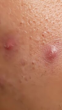 Close up shot capturing an individual gently touching acne pimples and blemishes on their skin, emphasizing common skin concerns and the importance of dermatological care