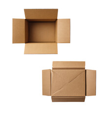 Two empty cardboard boxes, top-down view.  One box positioned above the other,  both showing the interior and folded edges.  Simple, neutral tones