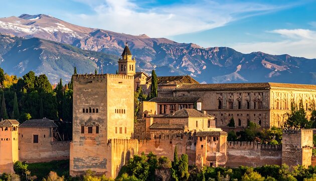 Historic fortress sits against majestic snow-capped mountains in golden sunlight